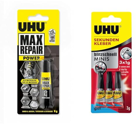 UHU Max Repair POWER Tube & Sekundenkleber blitzschnell MINIS Gel – Super schneller und extrem starker Gelkleber in praktischen Mini-Tuben – 3 x 1 g
