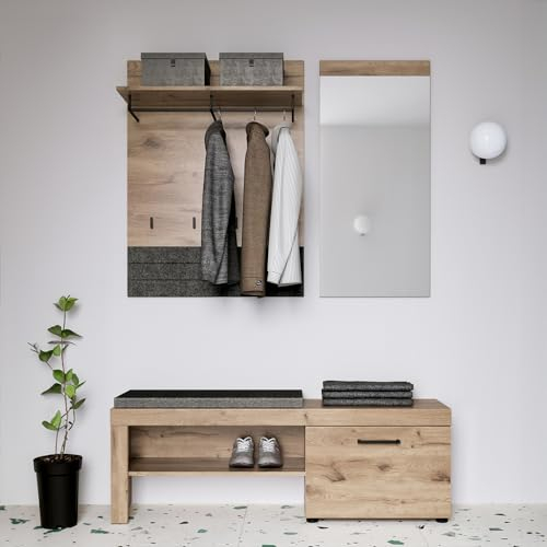Lomadox Garderoben Set 3 teilig mit Sitzbank Wandpaneel und Spiegel modern in Eiche Viking