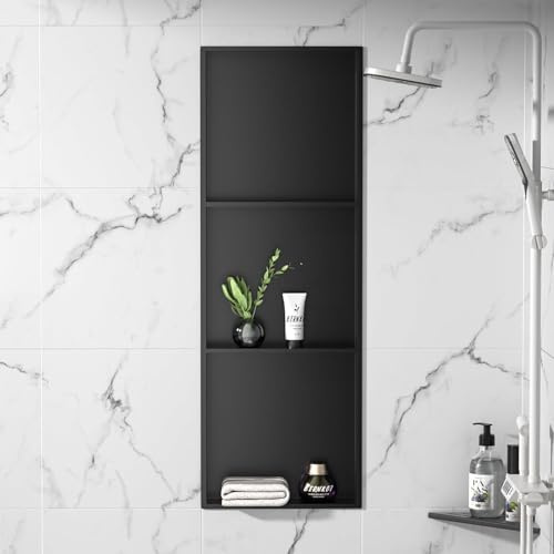 Bernkot Nicho de ducha de acero inoxidable, 900 x 300 x 100 mm, color negro mate, con 2 estantes, sin necesidad de nicho de pared de azulejos, estante de ducha de baño incrustado, almacenamiento de