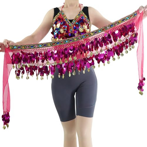 MUNAFIE Edelsteine Bauchtanz Hüfttuch Kostüm Damen Gürtel Tuch Mit Münzen Rosenrot