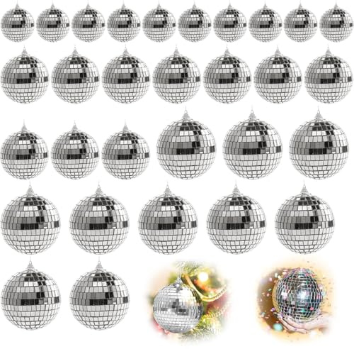 Mirror Disco Ball, 30PCS Silver Glitter Ball, 3 Sizes Disco Ball Silver Hanging, Mini Disco Balls, Reflective Mirror Ball Glass for Disco Party Wedding Birthday Decoration