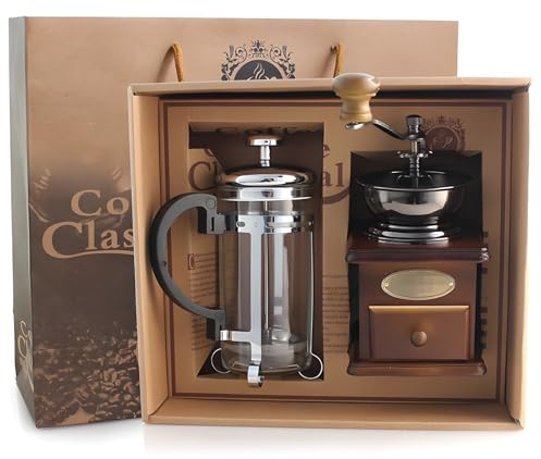 byepica Juego de prensa francesa y molinillo de café, elegante artesanía de metal y madera, molinillo de rebabas y prensa para café rico, perfecto para el hogar y al aire libre, acento de mesa de café