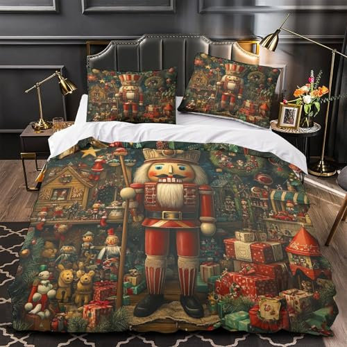 RIAVBAODG Cascanueces Impresas En 3D,Cascanueces de Madera,Funda De Edredón Fundas De Almohada 3 Piezas Microfibra Suave Cremallera Oculta para Niños, Adolescentes,Adultos Super King（260x220cm）