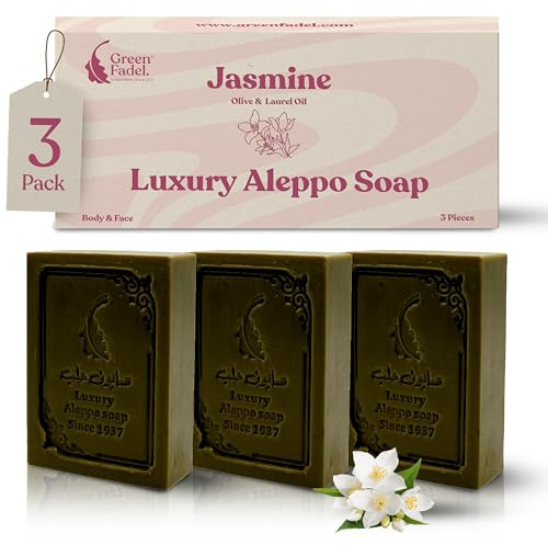 GREEN FADEL Jabón de Alepo Luxury Jazmín, Aceite de Oliva | 3x ca.100g, Jabón natural de aceite de oliva, hecho a mano, con aceite de laurel, para rostro, cuerpo y manos, sin plástico