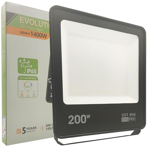 FactorLED Foco Led Exterior 200W (1400W), 22000Lm, Reflector EVO PRO, Outdoor Floodlight, Impermeable IP65, CCT Luz Seleccionable 3000K 4000K y 5700K, para Jardín, Garaje, Terraza y Patio (200W)