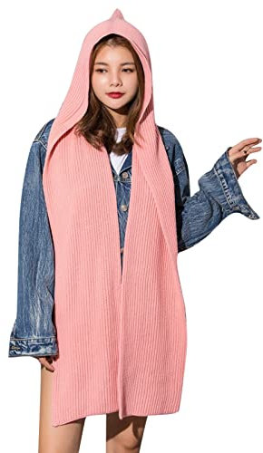 Solides 2-in-1-Strick-Kapuzenschal-Set, Winter, Melone, warm, dick, Zopfstrickmütze, Schal, Set, dehnbar, athletische Mütze, Schal, Set für Damen, Seidenschal zum Schlafen der Haare, rose,