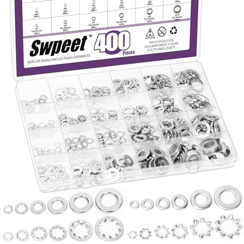 Swpeet 400 pezzi 4 stili #6#8#10 1/4 5/16 3/8 SAE Kit assortimento di rondelle di bloccaggio in acciaio inox, rondelle dentate esterne, serratura dentata interna dei denti/blocco diviso/rondella