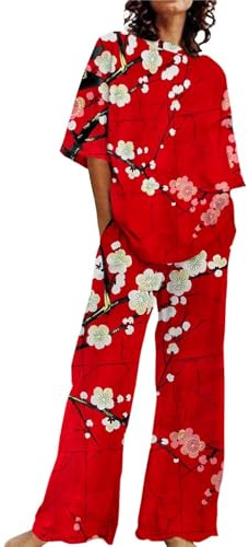 Ladies Plus Size Pyjamas with Pockets 2 Piece Lounge Set for Women Loungewear Pyjamas Set Short Sleeve Floral Print Top Shirt with Pants Pjs Size 12-14 Lounge Wear Wide Leg Loungewear Sets Red