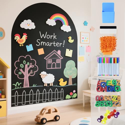 WUPIOS Magnetischer Wandaufkleber für Kinder, schwarz, magnetische Kreidetafel für Wand, 101,6 x 81,3 cm, selbstklebende Magnet-Tapete, Aufkleber mit Buchstaben und 12 Farben Flüssigkreide für Schule