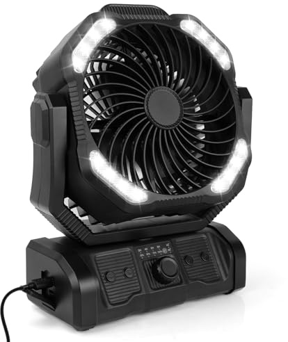 ELZO Ventilatore da campeggio ricaricabile da 20000 mAh, ventilatore da tavolo USB con luce a LED e gancio, rotazione a 270° con telecomando, ventilatore a clip per attività all'aperto, campeggio