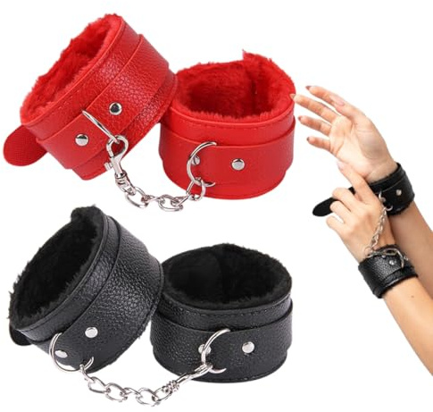 2 Paar Bequem Fesseln Plüsch + Pu Armband Wrist Handschellen Bondage Gürtel Manschette Spielzeug,Handschellen Set,Leder Handschellen für Cosplay, Partyzubehör, Sexy Handfesseln Erotische für Polizei