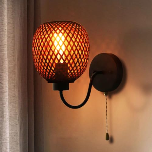 Mengjay Bamboo Boho Wall Lights,E27 Vintage Wooden Wall Light with Rattan Lampshade, with Pull Cord Switch,Hand Woven Wall Lighting for Bedroom, Living Room, Hallway, Porch (B)