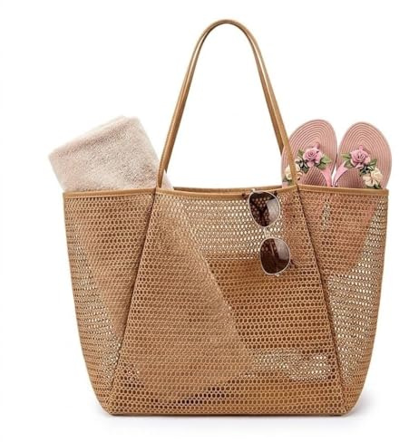 LELELEKALE stor strandväska dam nätficka strand med dragkedja innerficka strand tygväskor stor vikbar mesh swimming pool resa strand familj shopper reseväskor, kaki, 37 x 35 x 16cm