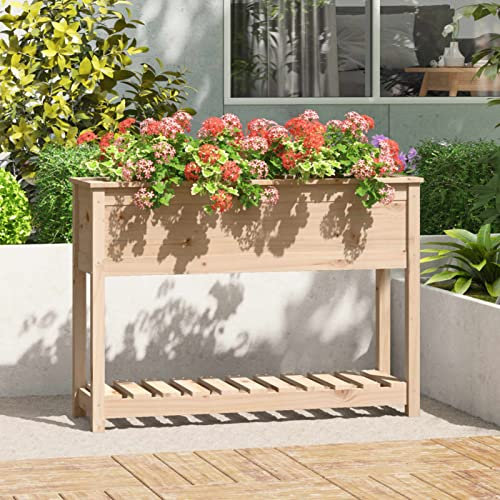 Xichuzi Jardinera con Estante, Jardineras Exterior, Macetero Exterior, Huerto Urbano Terraza, Madera Maciza de Pino 111,5x34,5x81 cm