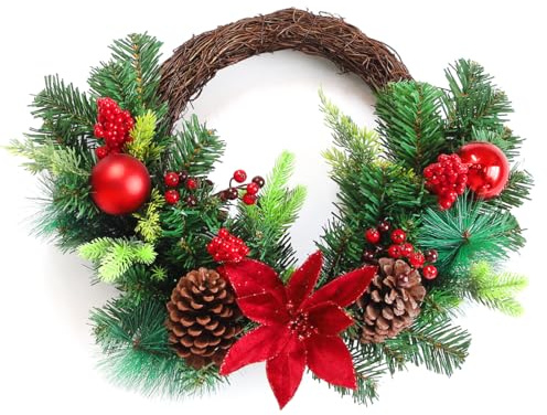 Christmas Wreath,40CM/15.8 IN Artificial Christmas Décor Indoor Outdoor Holiday Party Decorations for Front Door Wall