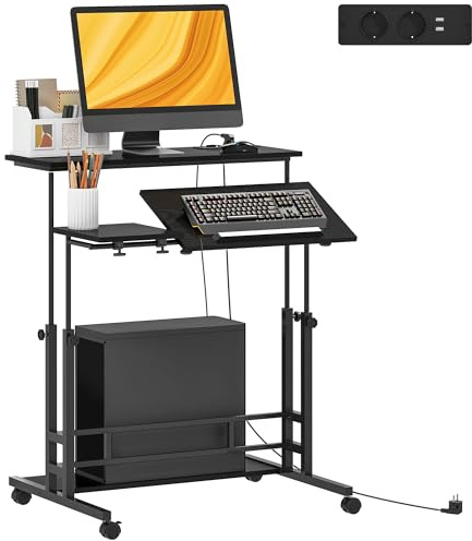 HOMCOM Escritorio Elevable con Ruedas, Puertos USB, 80x60 cm, Negro