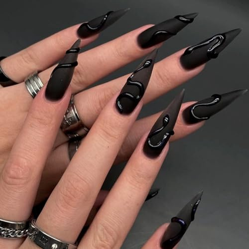 24Pcs Black Matte Glossy Press on Nails – Long Stiletto Fake Nails with 3D Snake Design, Gothic Punk Stick On for Women Party (3D Snake)