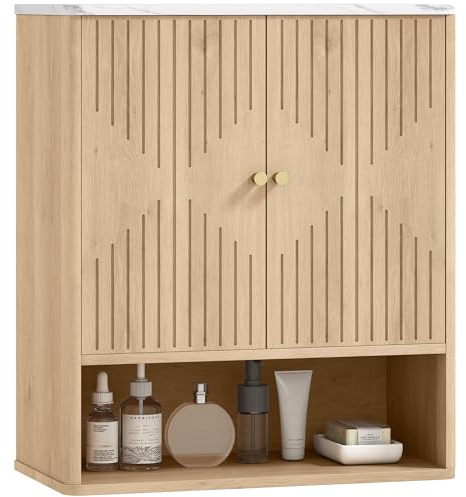 HOMCOM Armadietto Bagno a Parete con Ripiano Aperto 60x18x70 cm Rovere | Mobile da Bagno Pensile, Ante Decorate, Piano Effetto Marmo