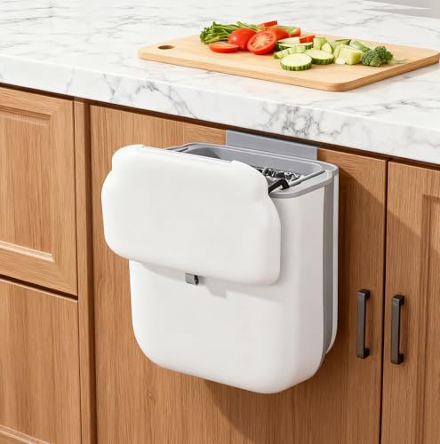 Esyhomi Cubo de basura de cocina con tapa, cubo de basura colgante de 10 l para cocina, cubo de basura plegable con tapa, contenedor de compostaje, cubo de basura colgante, para cocina, camping