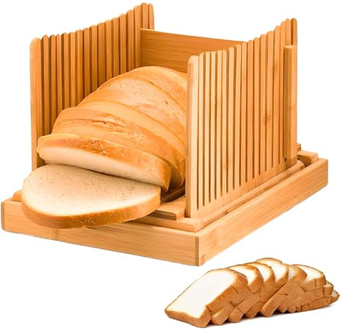 SQAQS Bambusbrotschneidemaschine, Klappbare Aufnahme, Faltbares Brett Brotschneider mit Crumb Tray, Idee für Kuchen, Saurdough Brot & Bagels, Crumb Catcher Tray für hausgemachtes Brot