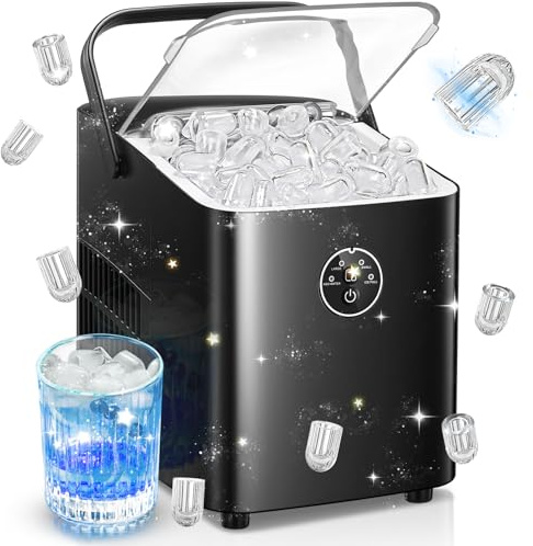 FOHERE Eiswürfelmaschine 14kg 24 Stunden, Eiswürfel in 5 Min, 2 Größen von Bullet Ice, Selbstreinigender Eiswürfelbereiter mit Griff, Eisschaufel u. Korb, Ice Maker für Party Büro RV (Tiefschwarz)