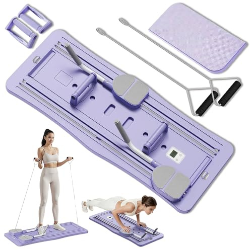 Roadtime Planche Pilates Pliable avec Minuteur et Rebond Automatique 6 en 1 | Reformer Pilates avec Rouleau Abdominal et Coussin Genoux Épais, Appareil Fitness Maison & Bandes de Résistance Corps Entier