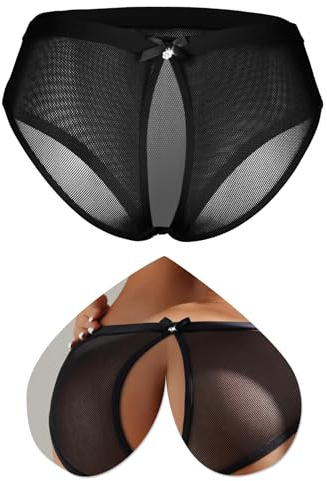 ohyeahlady Perizoma Aperto sul Fondo Donna Rete Slip Donna Hot con Buco Taglia Forti Tanga Hot Donna Cotone Vita Bassa Senza Cuciture Mutande Donna Brasiliana Curvy Slip Intimo XL,Nero
