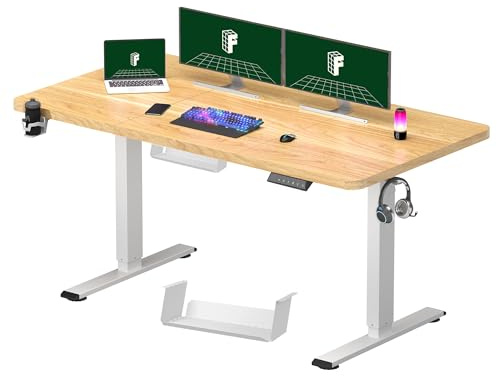 FLEXISPOT 140 x 60 cm Electric Standing Desk, Sit Stand Table Height Adjustable Desk with Backpack Hook and Memory Smart Pannel, Home Office Desk Maple