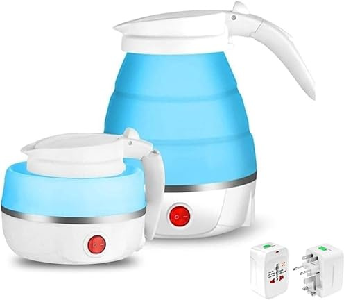 Mini hopfällbar vattenkokare, resevattenkokare, 110-240V torrkokningsskydd automatisk termostat livsmedelskvalitet silikon bärbar 0,6L, blå(Blue)