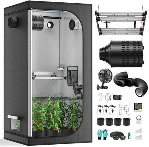 Growzelt Komplettset, 240W 100X100X200cm Vollspektrum LED Wachstumslampe mit integriertem Controller und 17cm Automatischer Belüftungssat mit Kohlefilter, Hydroponics Grow Zelt mit Thermometer