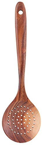 Cuchara ranurada para Pasta de madera, cuchara espumadera de mango largo, utensilio de cocina de teca para cocinar, colar, escurrir, fideos de carne de huevo