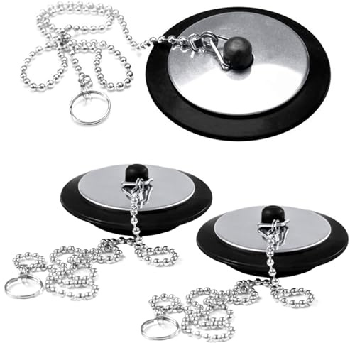 2 tapones de baño universales con cadena de acero inoxidable de 40 cm, goma negra, reemplazo de tapón de baño, reemplazo de tapón de fregadero de baño, repuesto de enchufe de fregadero de cocina y