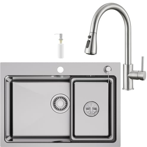 CECIPA 68 x 48 cm Fregadero de cocina con arco, grifo de cocina extraíble | Fregadero de cocina de 1 seno de acero inoxidable, con dispensador de jabón y bañera móvil, para mueble de 70 cm