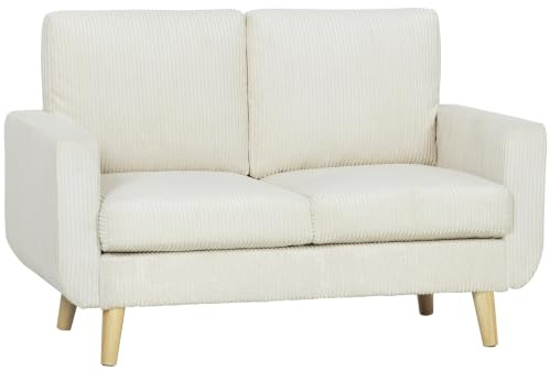 HOMCOM 2-Sitzer Sofa aus Cord-Samt, gepolsterter Sitz, 134 cm, Creme | Modernes Sofa, Federkissen, dicke Rückenlehne, Gummibaumholzbeine, für Schlafzimmer, Wohnung, kleine Räume