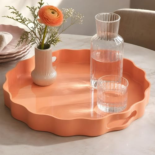 Deko Tablett ⌀33cm Gewellt Kunststoff Apricot Dekoteller Tischdeko Ablage | Servierteller in gewellter Form. In Pastell Apricot Orange. Kerzenteller Dekoration mit Griffen