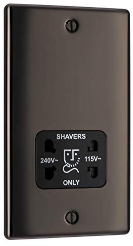 BG Electrical Dual Voltage Shaver Plug Socket, Electric Toothbrush Charger Socket for Bathrooms, Raised and Slim Profile, Round Edges, Nexus Metal, 2-Pin, Black Nickel, 115V / 240V, NBN20B
