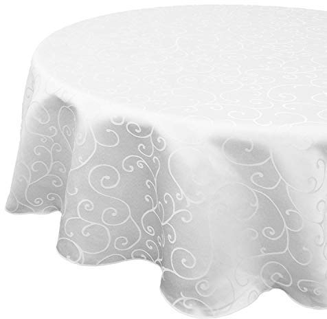 Trimming Shop Blanco Redondo Adamascado Mantel con un Superposición Rama Diseño de Remolino para Navidad Vajilla, Banquete, Fiestas, Cena, Cocina, Restaurante, Boda (Individual)