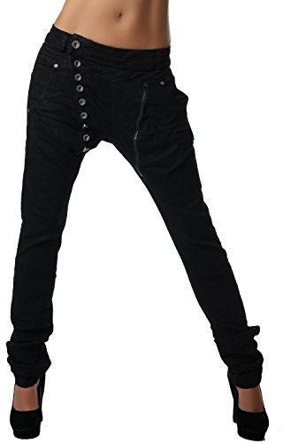 Crazy Age Boyfriend Baggy Jeanshose mit schräger Knopfleiste und Reißverschluß C 613 (38, Schwarz)