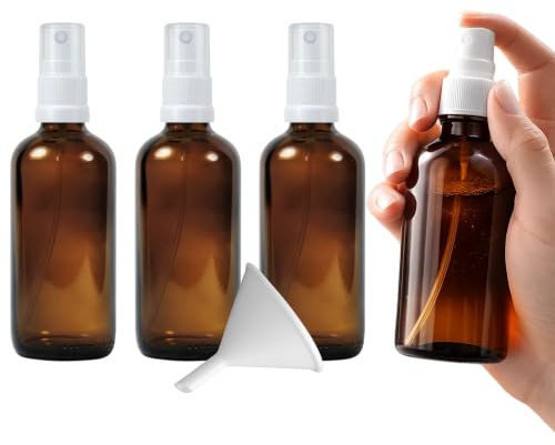 Viva Haushaltswaren - 4 x Apotheker-Sprühflasche 100 ml aus Braunglas, kleine Glasflaschen mit Zerstäubereffekt - Made in Germany & BPA frei (inkl. einem Trichter Ø 5 cm)