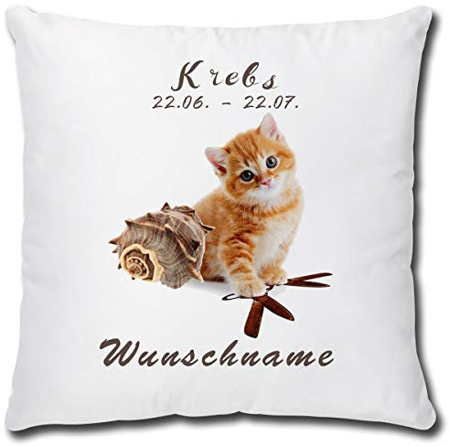 TRIOSK Kissen Katzenmotiv mit Namen personalisiert Sternzeichen Krebs Dekokissen Katze lustig Geschenk für Katzenliebhaber Frauen Mädchen Kinder 40x40 Weiß Beige
