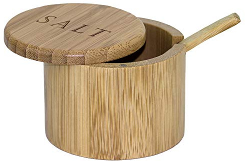 Totally Bamboo Salt Cellar Bamboo Storage Box with Magnetic Swivel Lid, 6 Ounce Capacity, Engraving on Lid, Includes Salt Spoon
