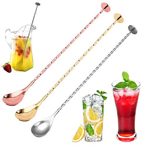 HomeDejavu 3 Stück Barlöffel Barkeeper Rührlöffel Edelstahl Lang Rührlöffel Spiralgetränk Cocktail Mixed Drink Löffel für Mojito Cocktail Getränke 27,3 cm 3 Farben(Gold Silber Roségold)