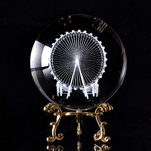 Fotokugel 60 / 80mm 3D Lasergraviertes Riesenrad Kristallkugel 3D Miniaturmodell Kugel Glas Globus Ornament Wohnkultur Zubehör Geschenke Glaskugel Fotografie ( Color : With Golden Base , Size : 80mm )