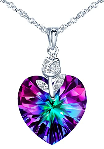 INFINIONLY 925 Silber Damen Herz Halskette, Herz des Ozeans Anhänger, Bunter kristall Rosenblüten Ketten, 45cm Kette, Schmuck für Frauen