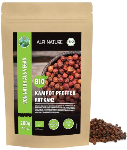 Alpi Nature Kampot Peppar Röd BIO 200g, Ekologisk Hela Pepparkorn, Kampot Röda Pepparkorn