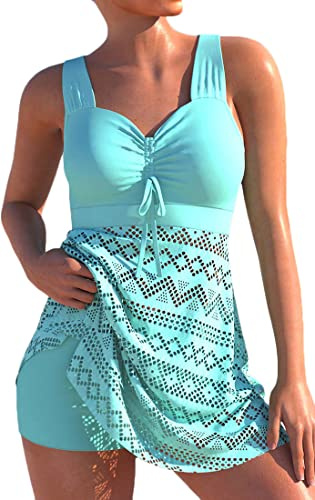 PANOZON Damen Spitze Tankini Beachwear Push Up Einfarbig Badeanzug Brazilian Plus Size Swimsuit Himmelblau XL