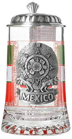 Artisan Owl Mexico Metal Icon Ancient Glyph Symbol Aztec Design Glass Beer Stein with Metal Lid and Thumb Lift