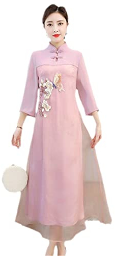 Chinese Style Embroidered Antique Buckle For Women A-Line Chiffon Women Elegant Cheongsam Stand Collar Merah Jambu M