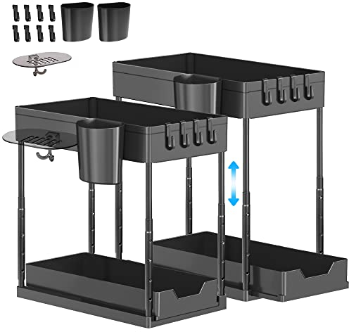 Eufrozy 2 Paquete Organizador Bajo Fregadero, Almacenaje Debajo Fregadero de 2 Niveles Regulable en Altura con 8 Ganchos 2 Tazas 1 Jabonera, Estante Bajo Fregadero Deslizante para Cocina Baño
