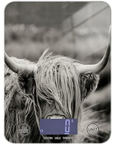 Poeticcity Vintage Retro Scottish Highland Cow Vintage Style Tempered Glass Kitchen Scales, Digital Weight Grams and Oz Food Scales for Cooking Baking Meal Prep Home Weight Loss Health Diet